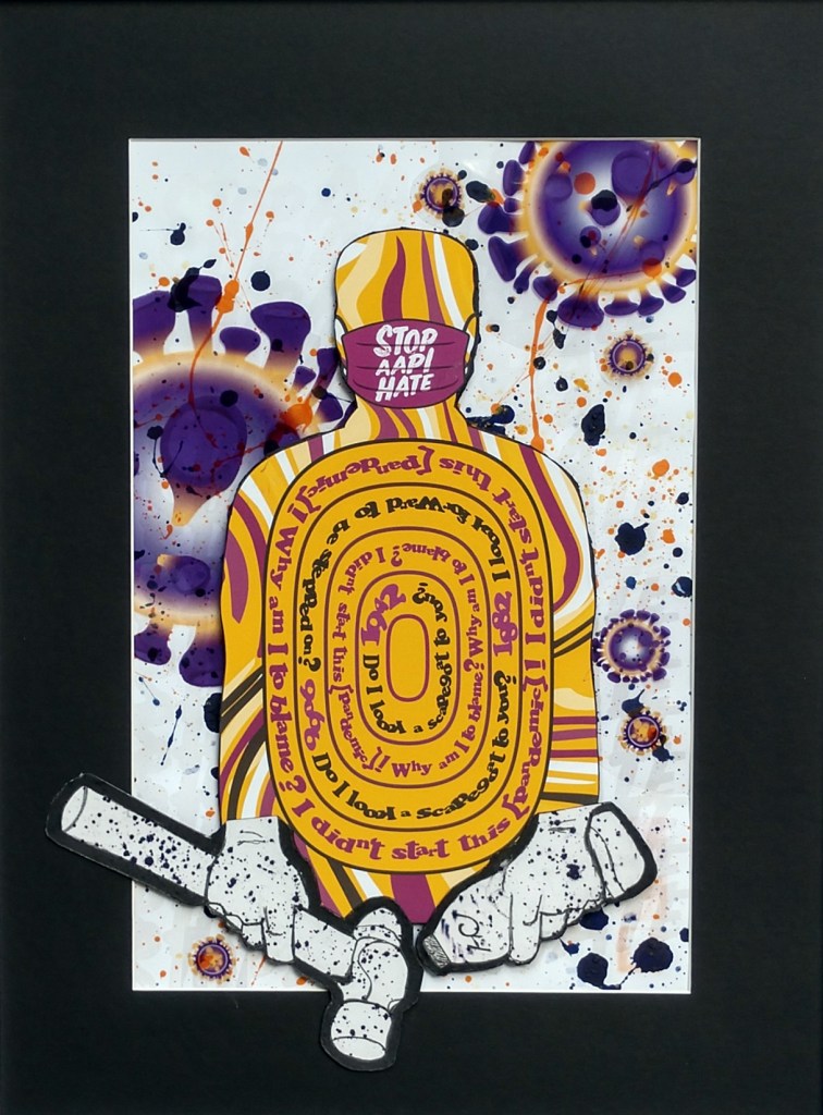 Colorful painting/collage/mixed media artwork with a man's figure and a mask on saying "stop the hate"